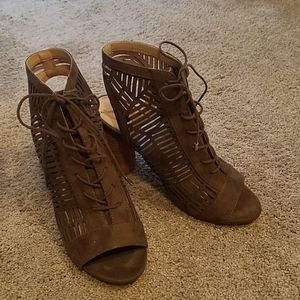 Brown lace up peep toe booties